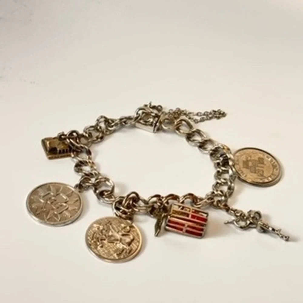 Vintage Sterling Silver Charm Bracelet Silver Travel Souvenir Coins Florida Boho